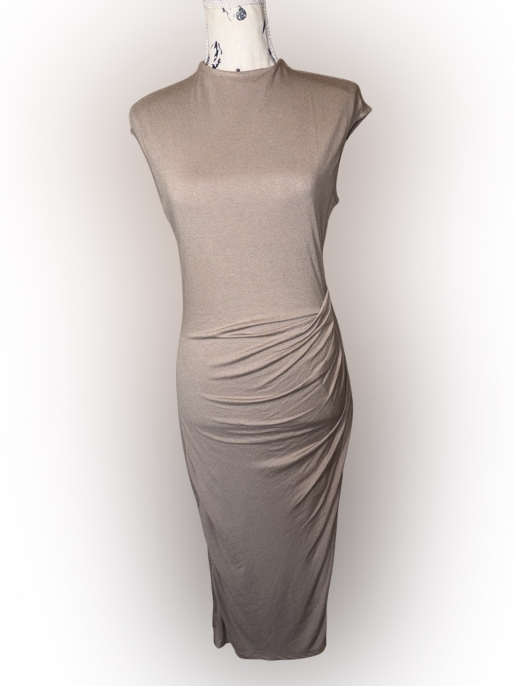 NWT Love J Ruched Sleeveless Midi Bodycon Dress Neutral Beige Medium